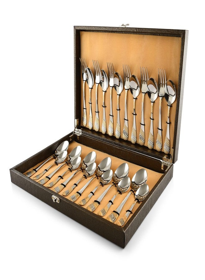 Fns Imperio 24 Karat Gold Plated 24 Pc Cutlery Set with Beautiful Leatherette Packaging - Includes 6 Dinner Spoons, 6 Dinner Forks, 6 Teaspoons, 6 Baby Spoons, Elegant Gold Finish - Image 1